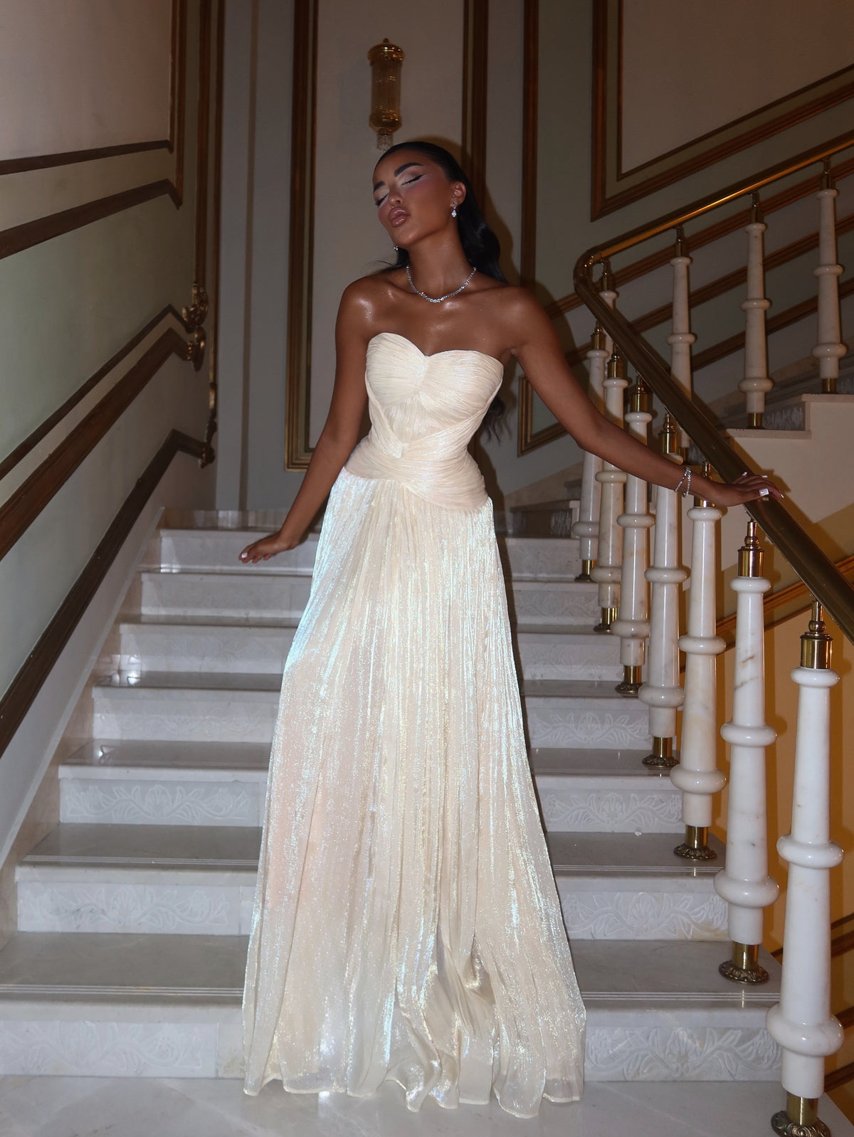 Strapless Ruched Bodice Shimmer Evening Gown
