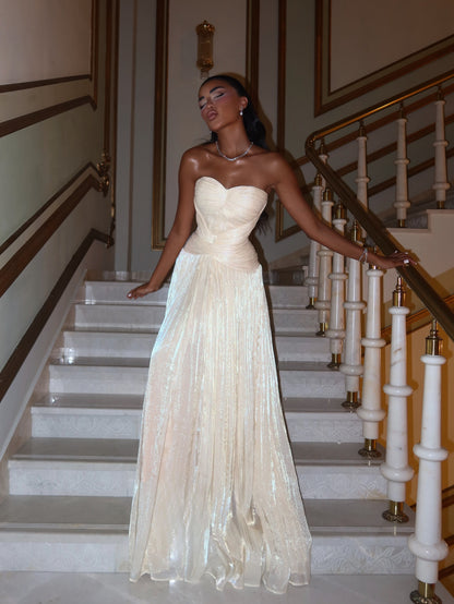 Strapless Ruched Bodice Shimmer Evening Gown