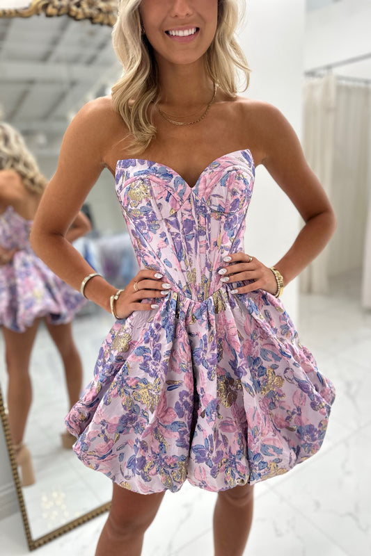 Strapless Floral Jacquard Corset Bubble Mini Dress