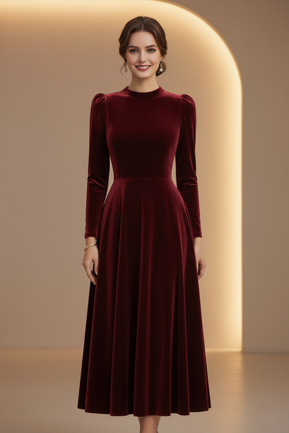Velvet Long Sleeve A-Line Midi Dress