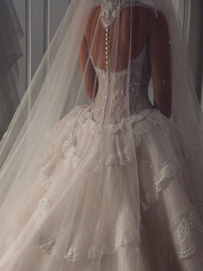 Beaded Lace Ball Gown Wedding Dress with Tiered Skirt