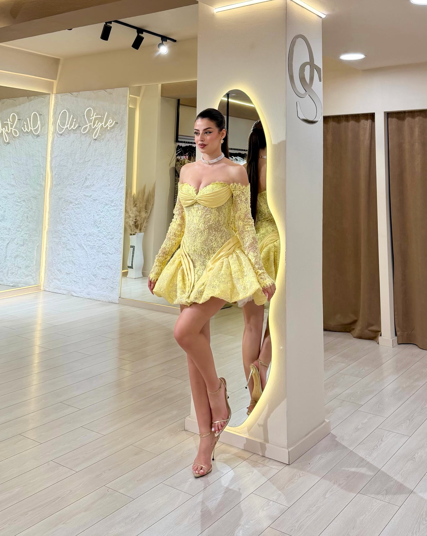 Lace Off-the-Shoulder Bubble Skirt Mini Dress