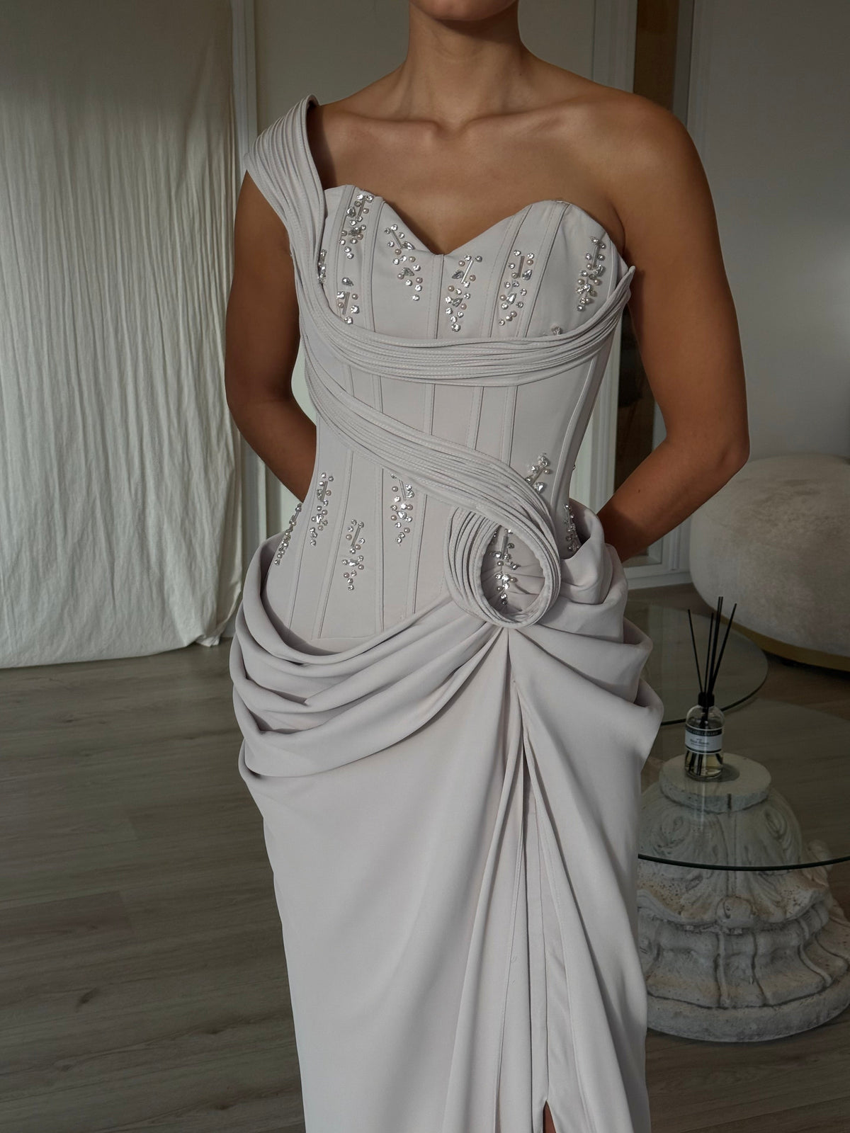 One-Shoulder Beaded Corset Draped Evening Gown