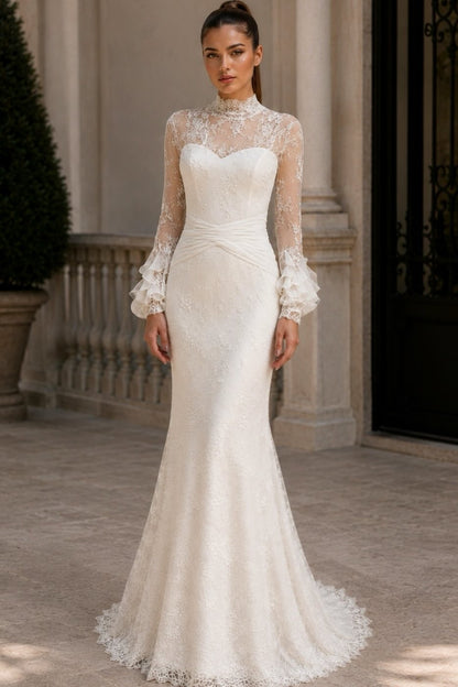 High Neck Lace Trumpet Wedding Dress with Ruffled Sleeves
