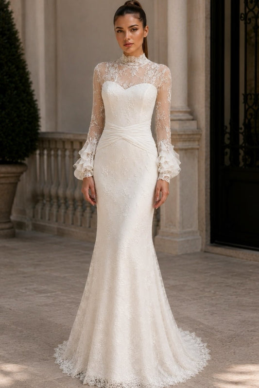 High Neck Lace Trumpet Wedding Dress with Ruffled Sleeves