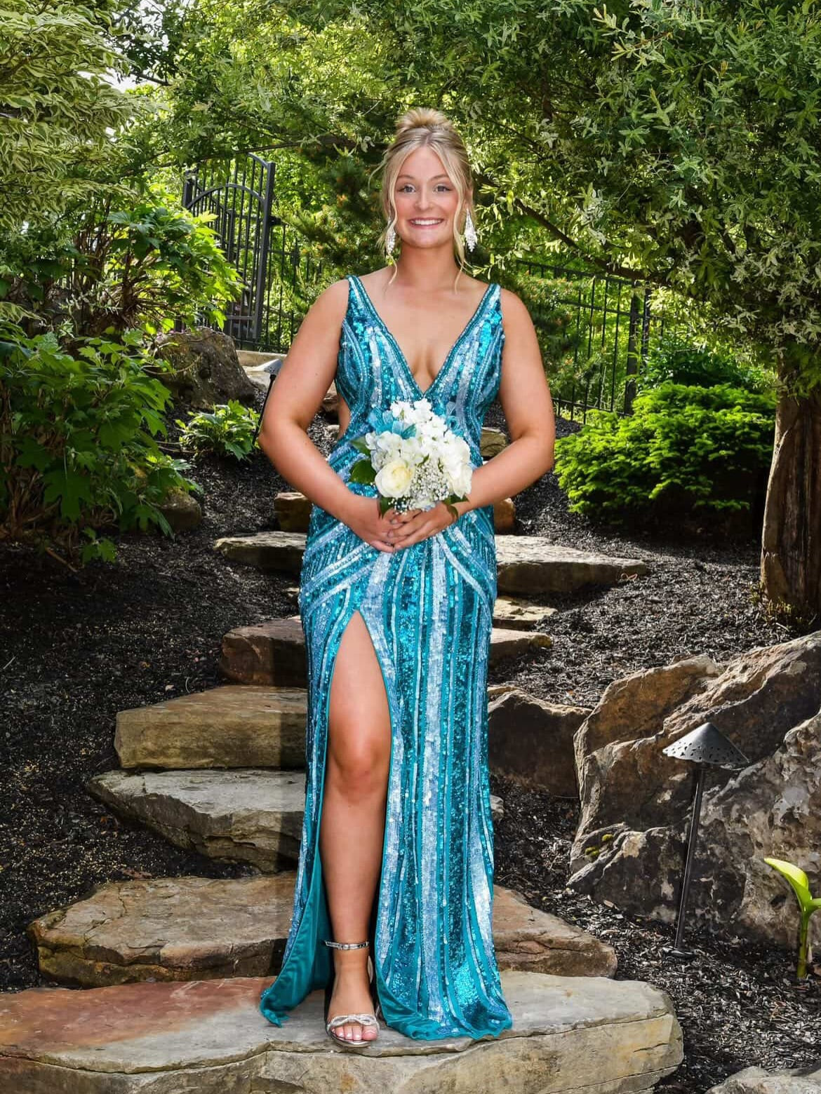 Sequin Open Back High Slit Evening Gown