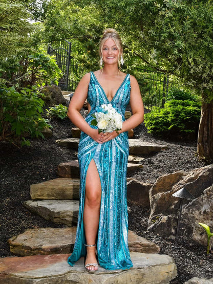 Sequin Open Back High Slit Evening Gown
