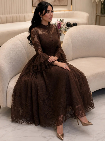 High-Neck Lace A-Line Maxi Dress with Tiered Sleeves