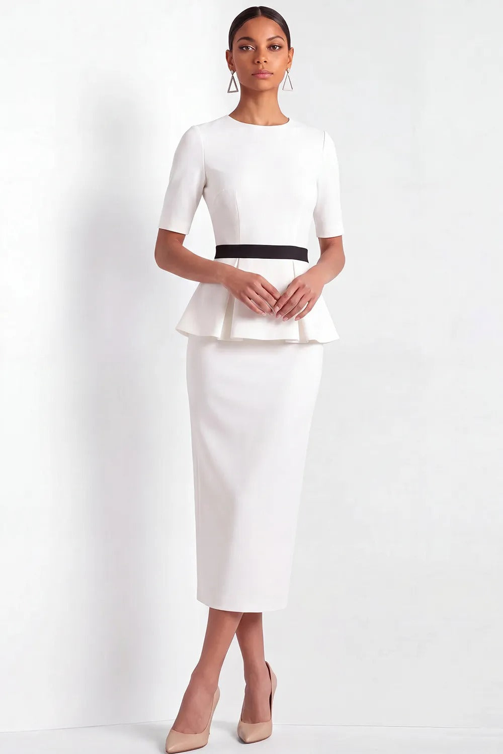 Short Sleeve Peplum Midi Sheath Dress