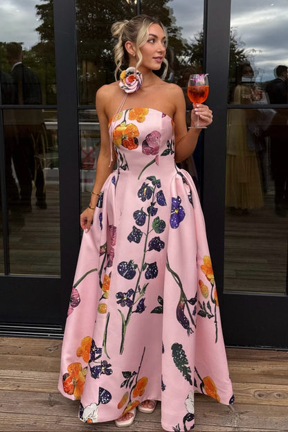 Strapless Floral Print A-Line Evening Gown