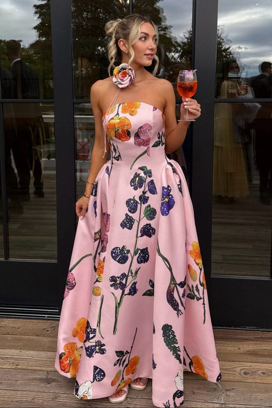 Strapless Floral Print A-Line Evening Gown