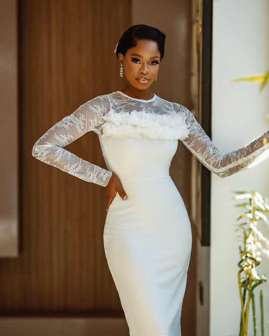 Ruffled Lace Long Sleeve Sheath Wedding Dress