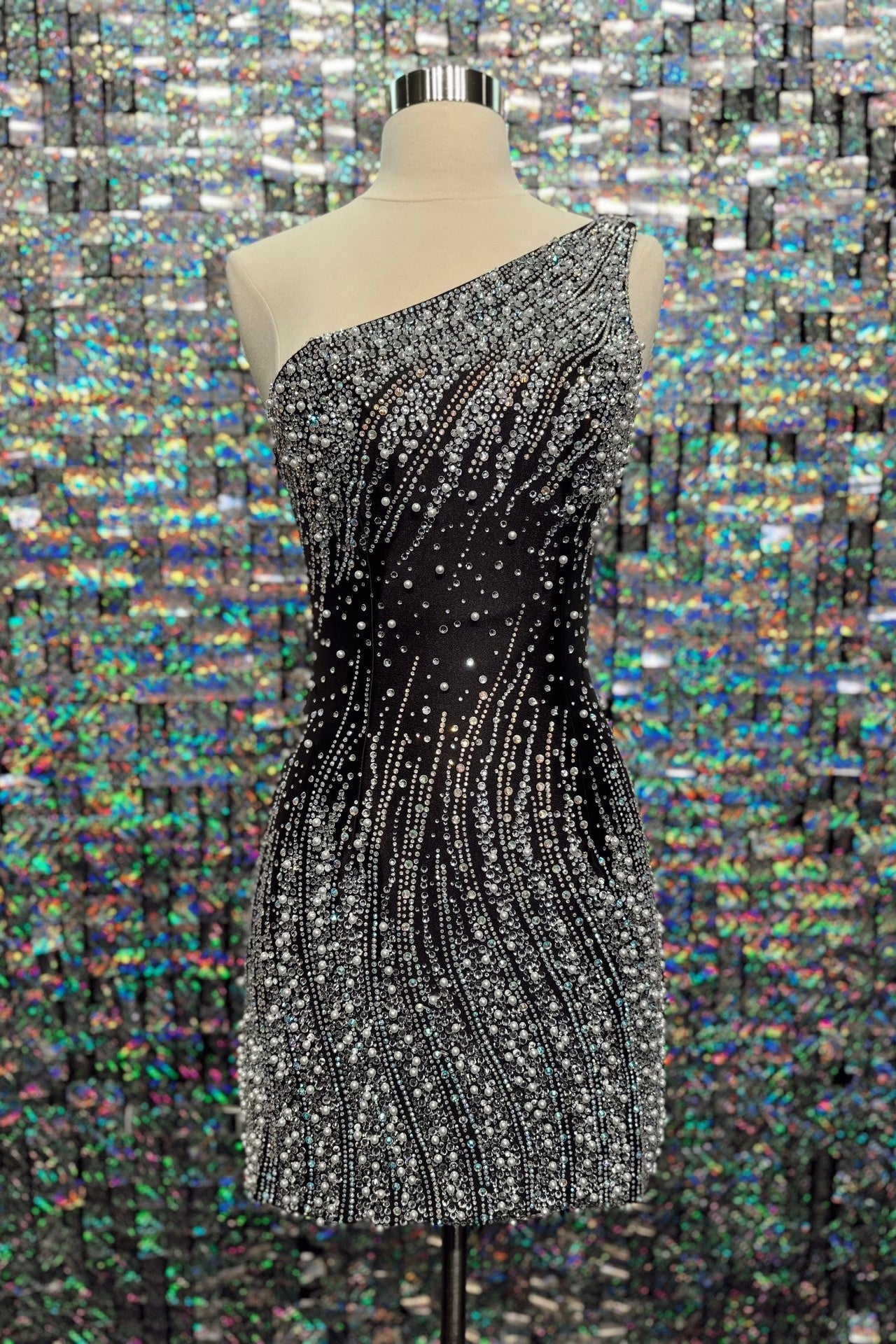 Rhinestone and Pearl One-Shoulder Bodycon Dress