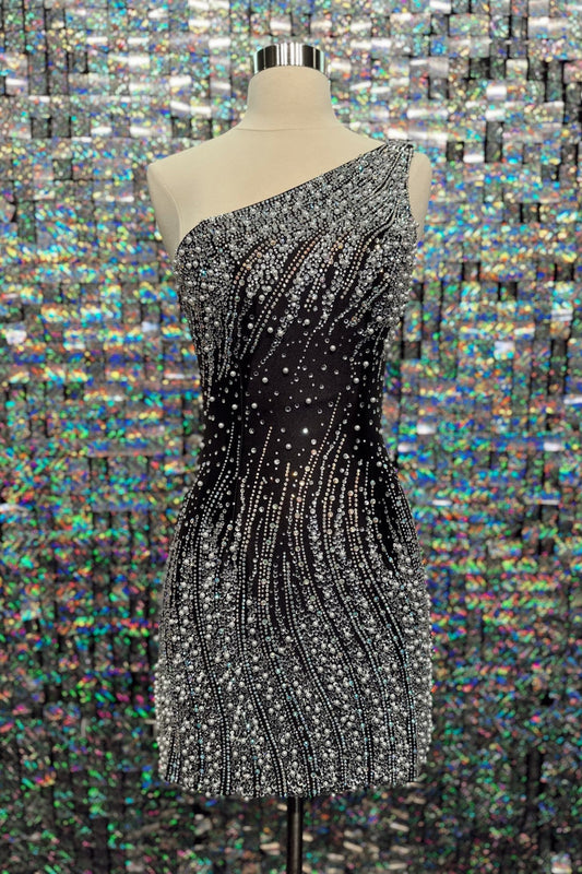Rhinestone and Pearl One-Shoulder Bodycon Dress