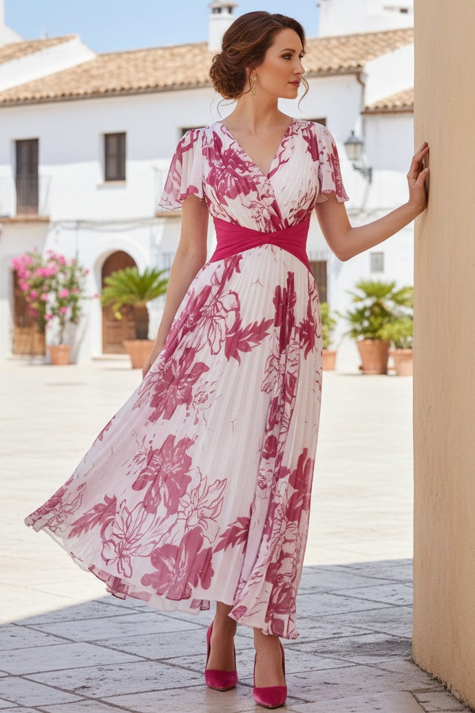 White & Pink Floral Print Pleated Maxi Dress with Flutter Sleeves & Waistband