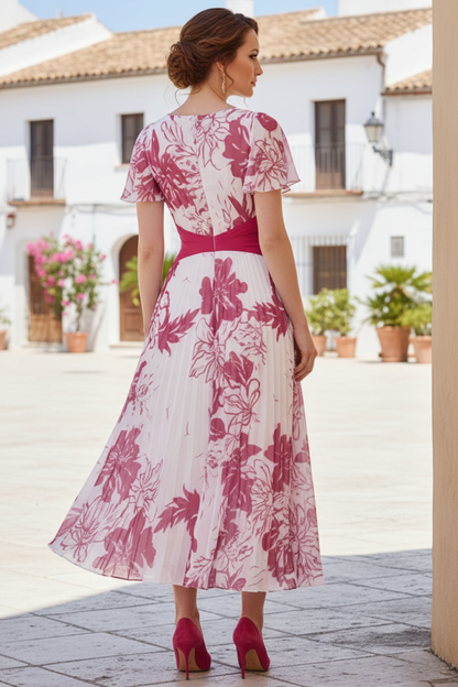 White & Pink Floral Print Pleated Maxi Dress with Flutter Sleeves & Waistband