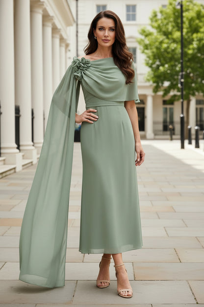 Off-the-Shoulder Column Dress with Flower & Long Sash