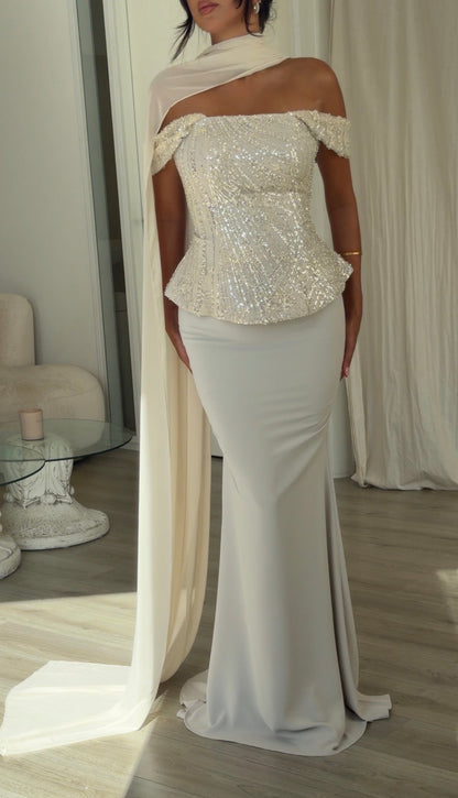 Sequined Peplum Evening Gown with Chiffon Cape