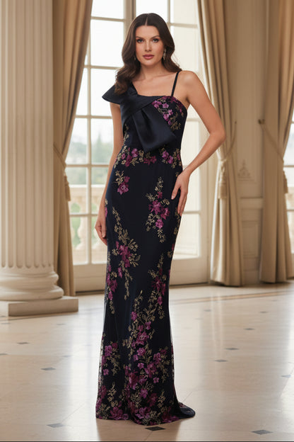 One-Shoulder Floral Embroidered Evening Gown