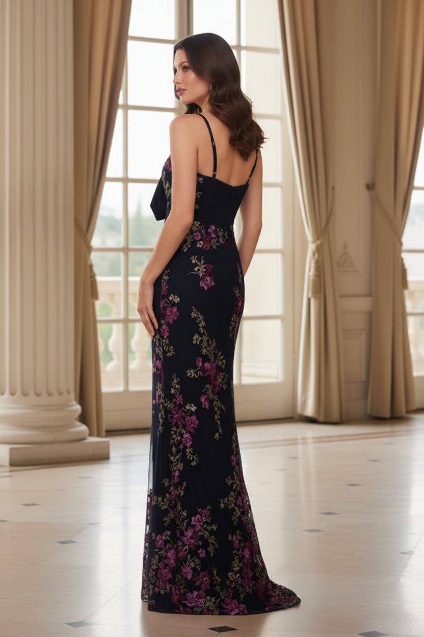 One-Shoulder Floral Embroidered Evening Gown