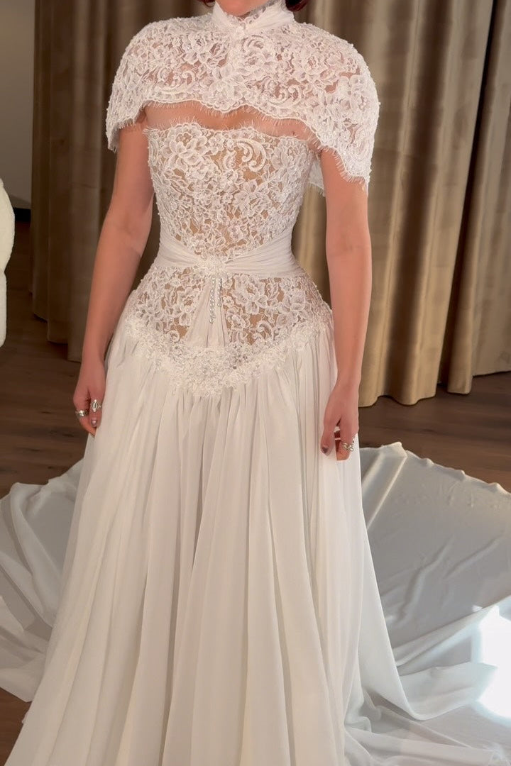 Lace Cape Wedding Dress with Pleated Skirt