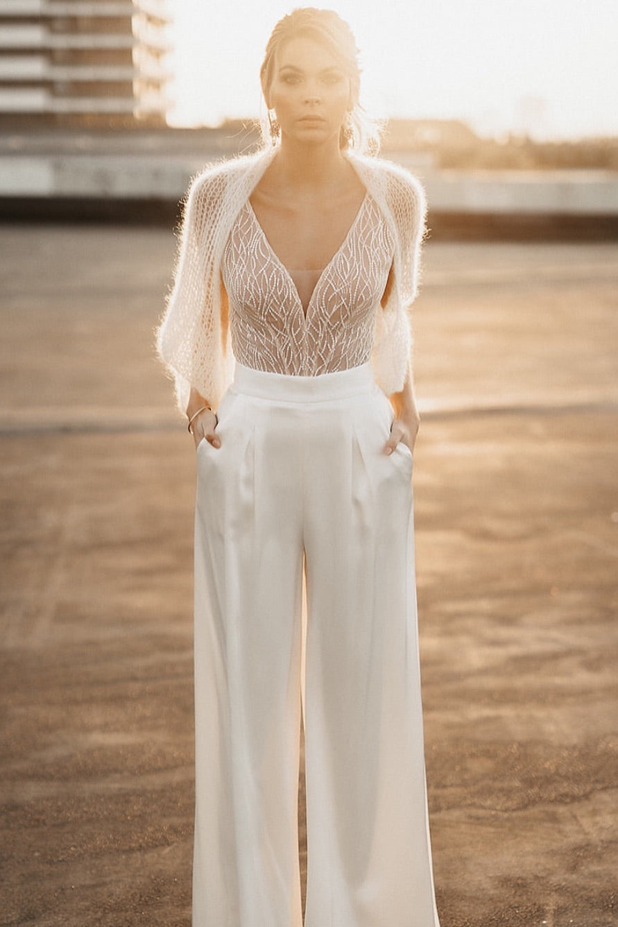 Beaded V-Neck Bridal Jumpsuit with Wide-Leg Pants