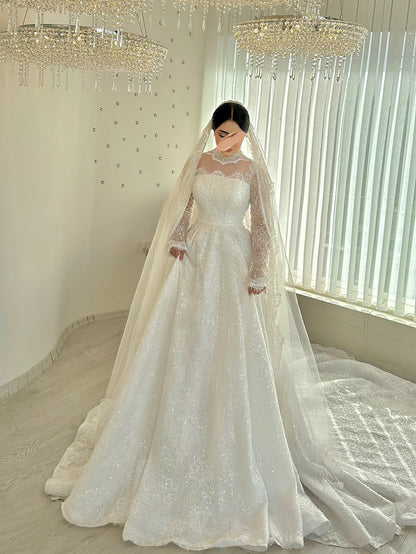 High Neck Illusion Long Sleeve Ball Gown Wedding Dress