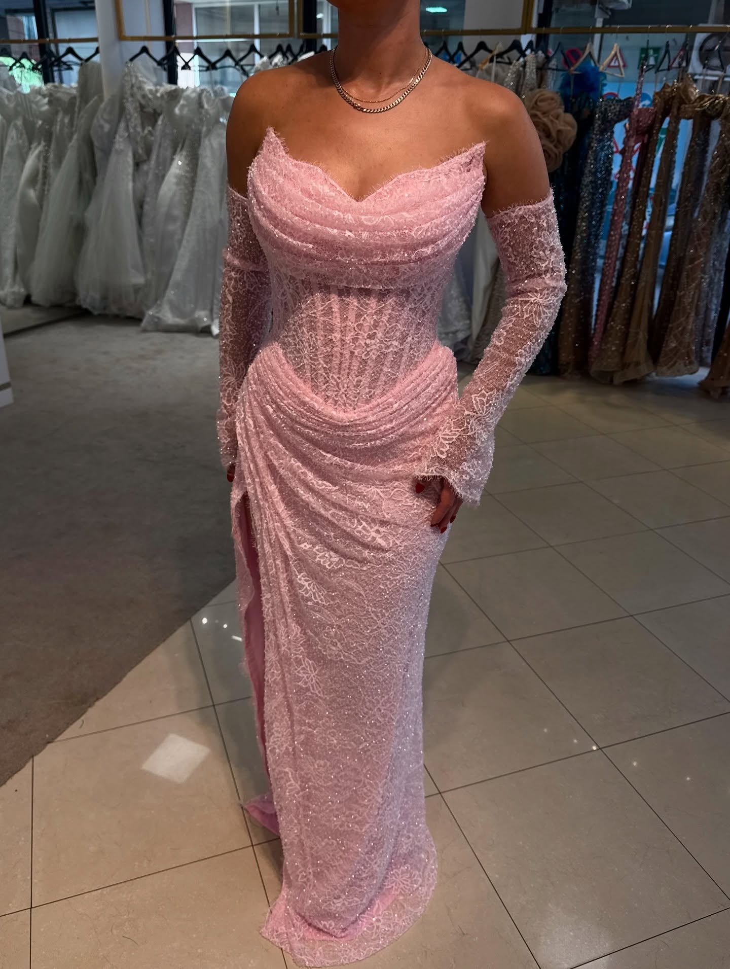 Corset Lace Gown with Cowl Neck & Long Sleeves