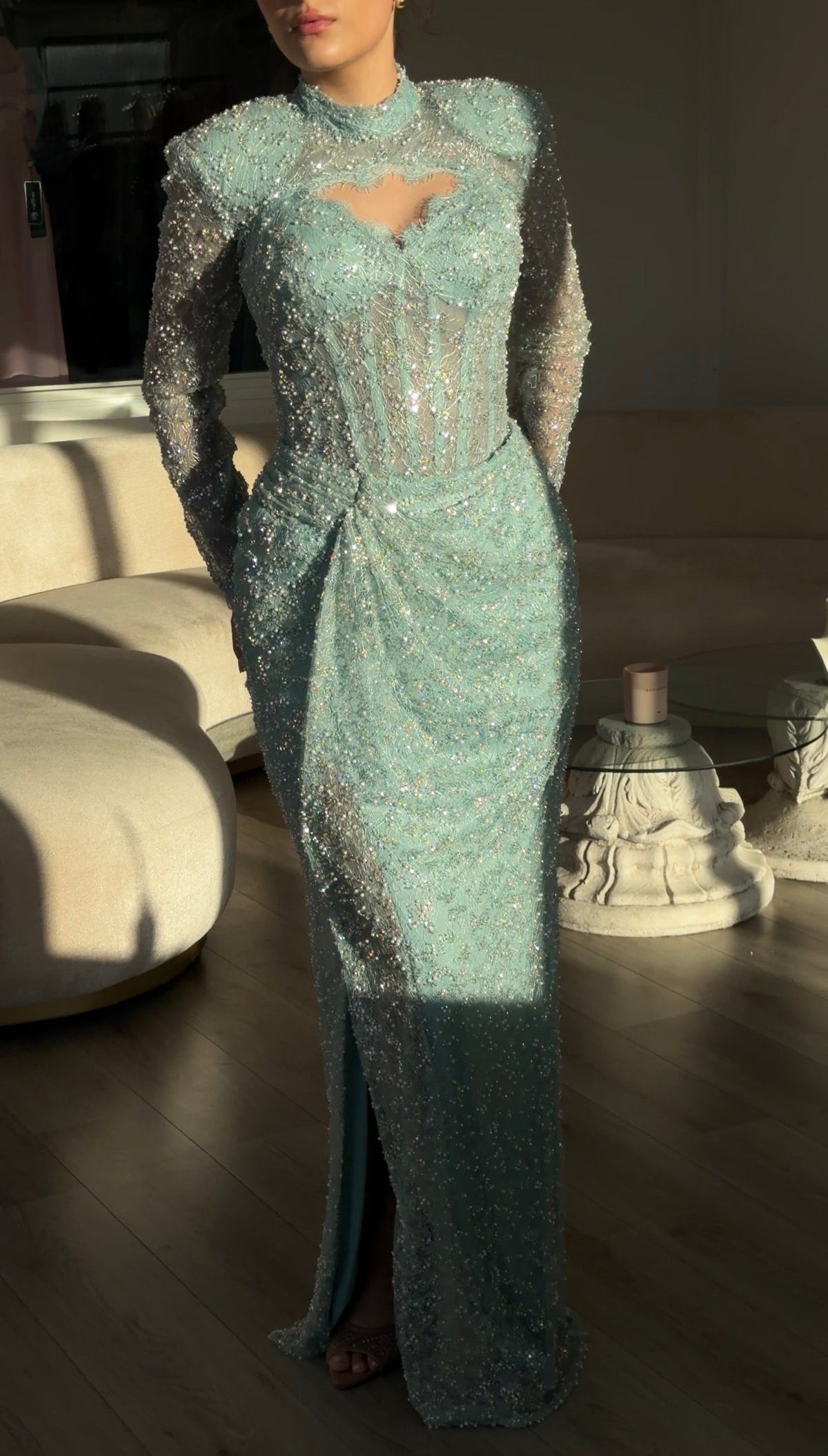 Beaded Cutout High Neck Long Sleeve Evening Gown