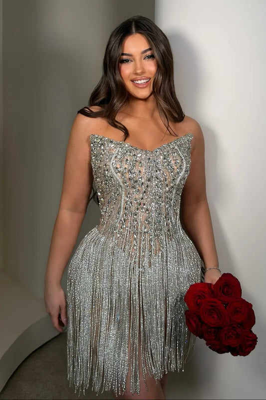 Strapless Crystal Corset Fringe Mini Dress