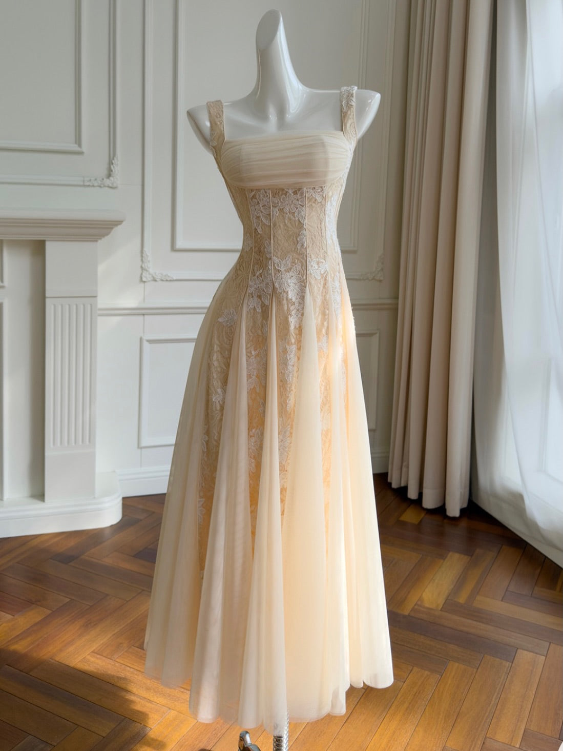 Square Neck Lace Corset A-Line Maxi Dress