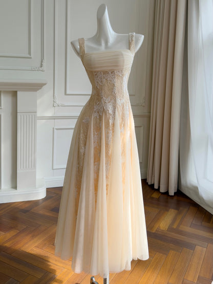 Square Neck Lace Corset A-Line Maxi Dress