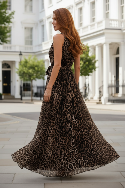 Sleeveless Leopard Print High Neck Maxi Dress