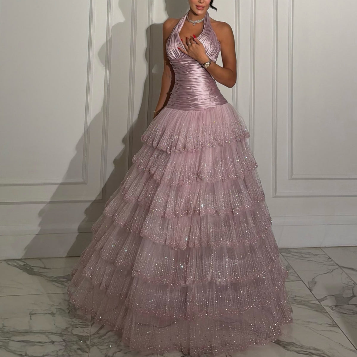 Halter Ruched Bodice Tiered Ball Gown
