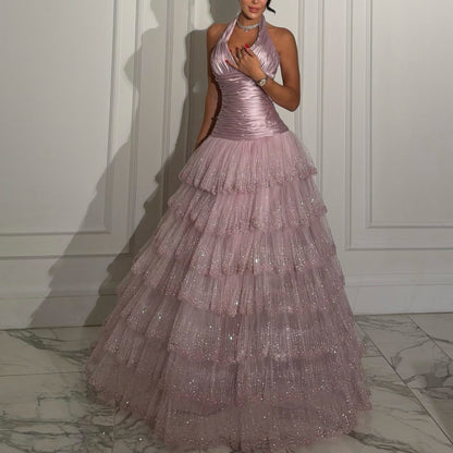 Halter Ruched Bodice Tiered Ball Gown