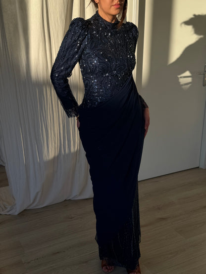 Embellished Long Sleeve Gown with Draped Overlay