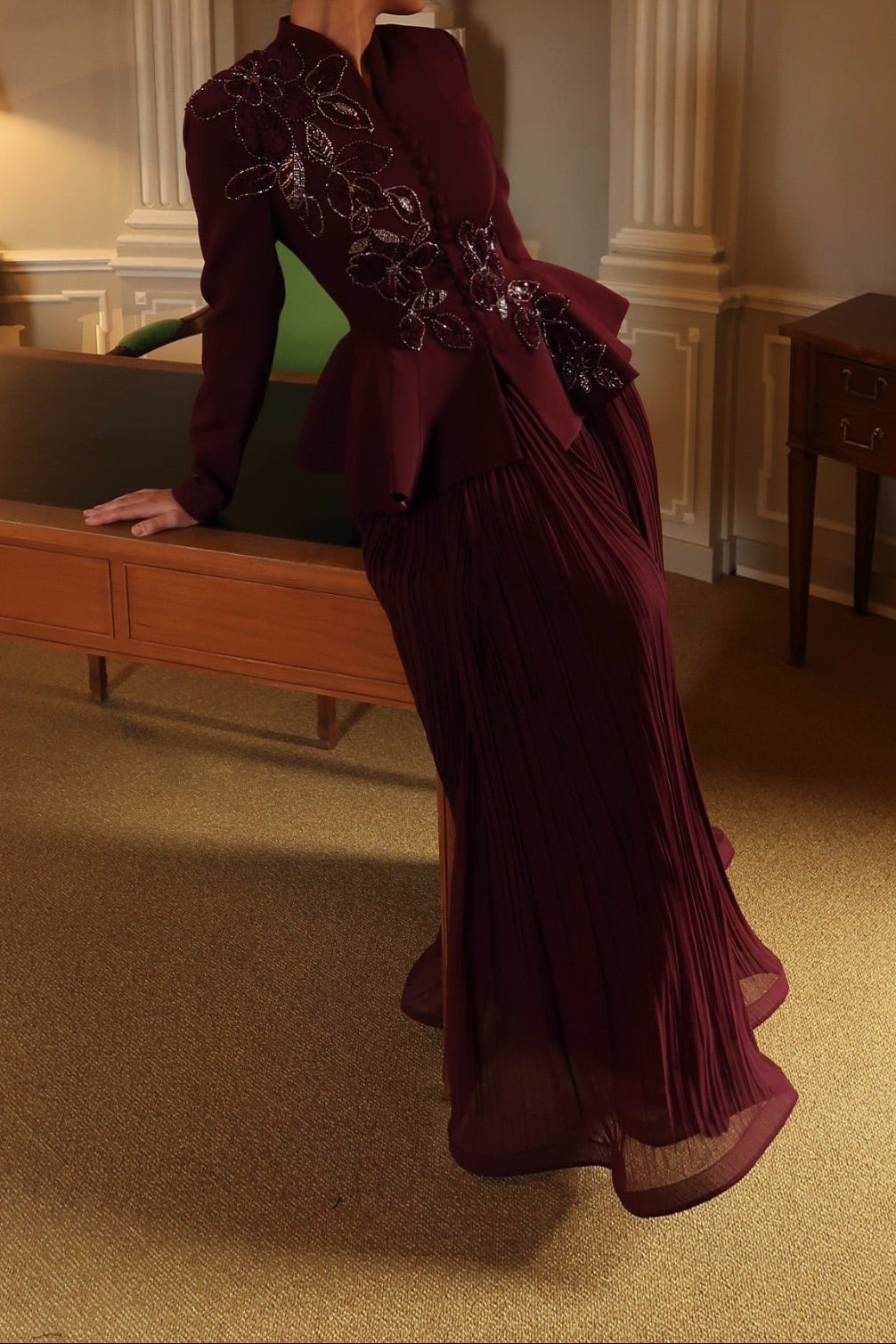 Embroidered Peplum Evening Gown with Pleated Skirt