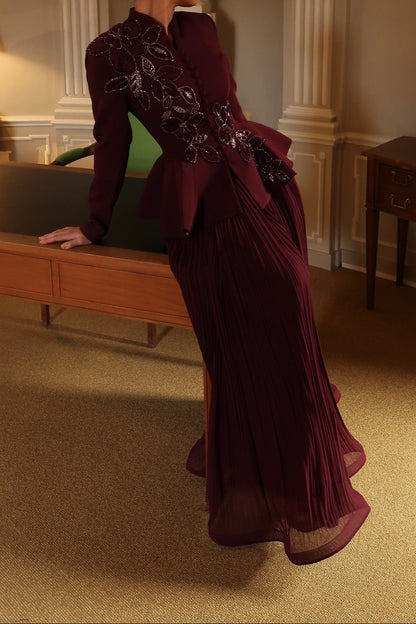 Embroidered Peplum Evening Gown with Pleated Skirt