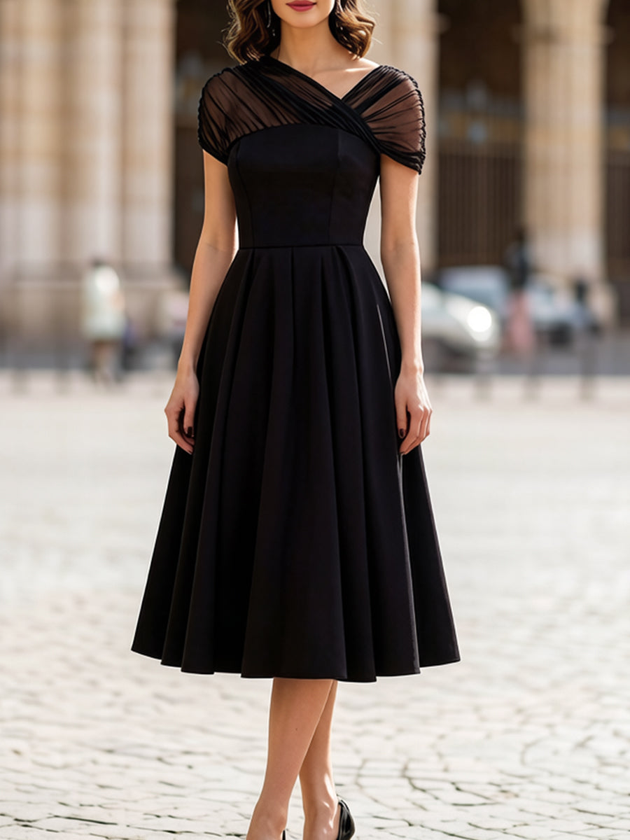 Pleated Midi Dress with Sheer Ruched Shoulders