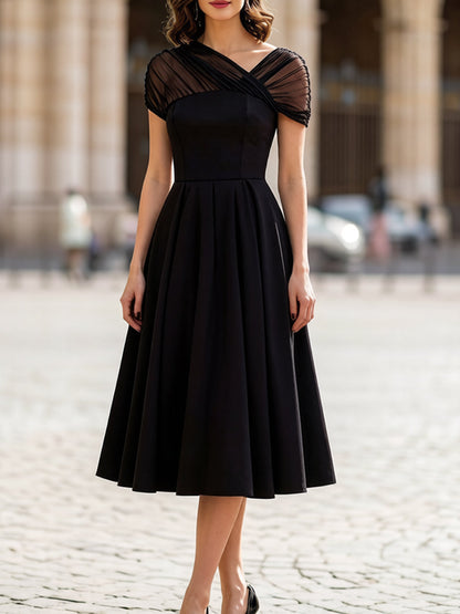 Pleated Midi Dress with Sheer Ruched Shoulders