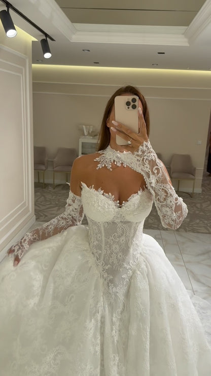 Lace Corset Ball Gown Wedding Dress with Sleeves