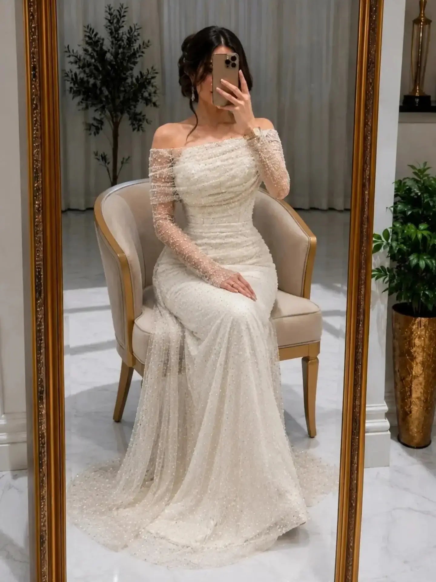 Off-the-Shoulder Glitter Ruched Evening Gown