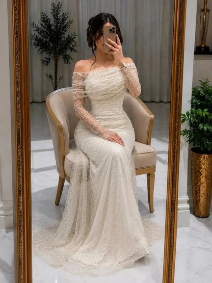 Off-the-Shoulder Glitter Ruched Evening Gown