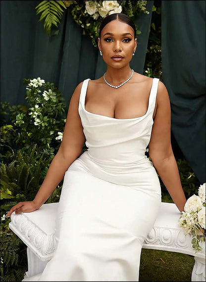 Cowl Neck Satin Mermaid Wedding Dress with Buttons