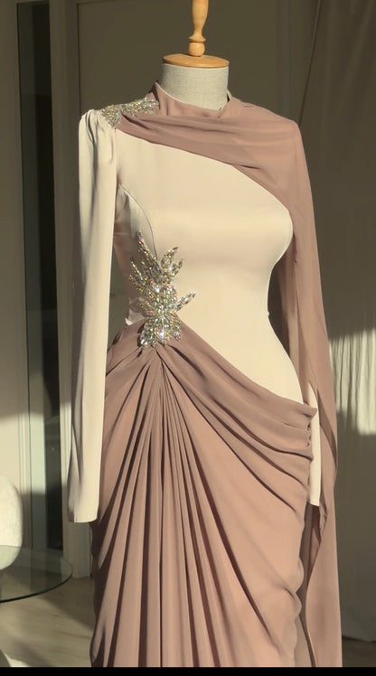 Draped Cape Gown with Crystal Embellishment