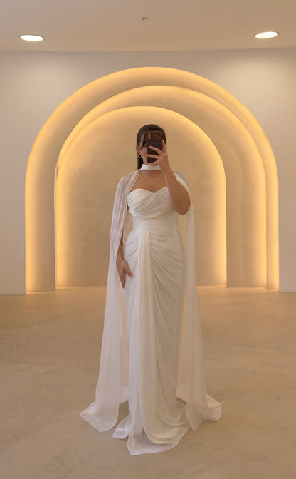 Strapless Ruched Evening Gown with Dramatic Cape