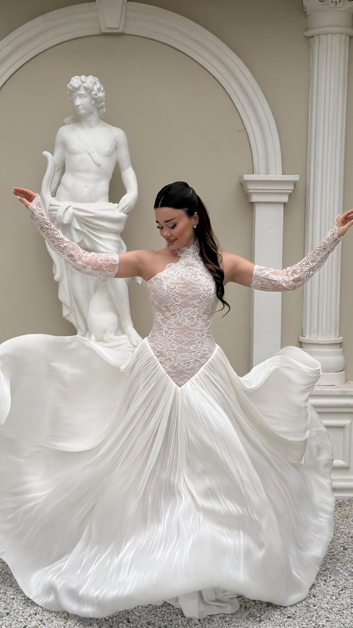Lace Halter Ball Gown with Pleated Skirt