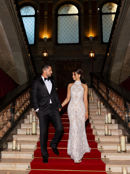 High Neck Lace Cut-Out Mermaid Wedding Dress