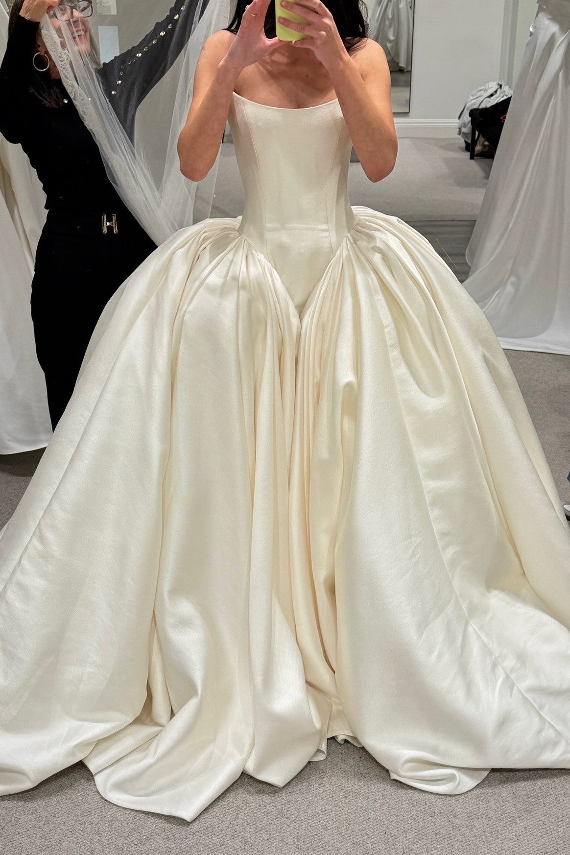 Strapless Ball Gown with Pleated Skirt & Lace Veil