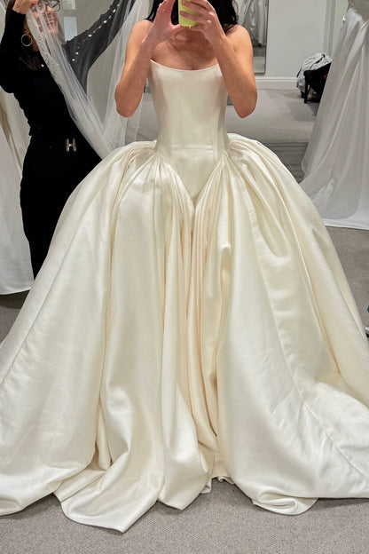 Strapless Ball Gown with Pleated Skirt & Lace Veil